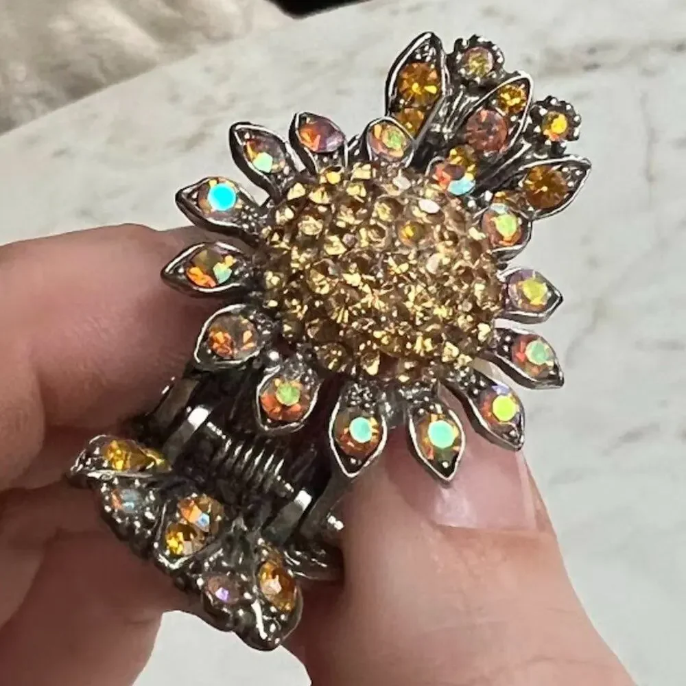Vintage Sterling Silver and Crystal Flower Hair Claw Clips
